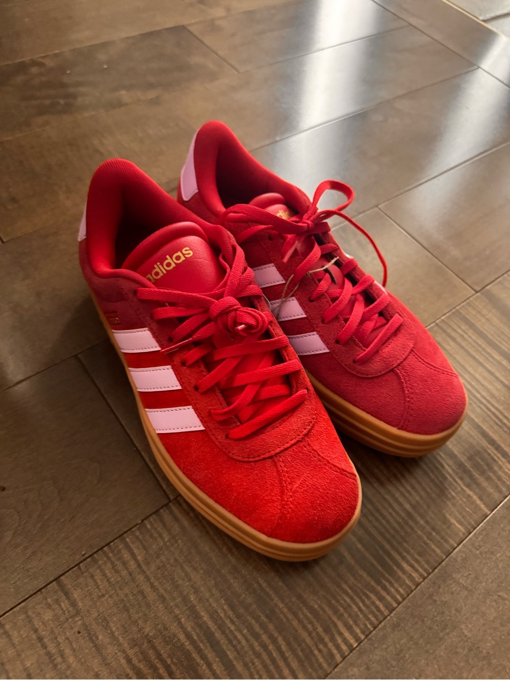 adidas Red Suede Sneakers with pink Stripes and Gum Sole